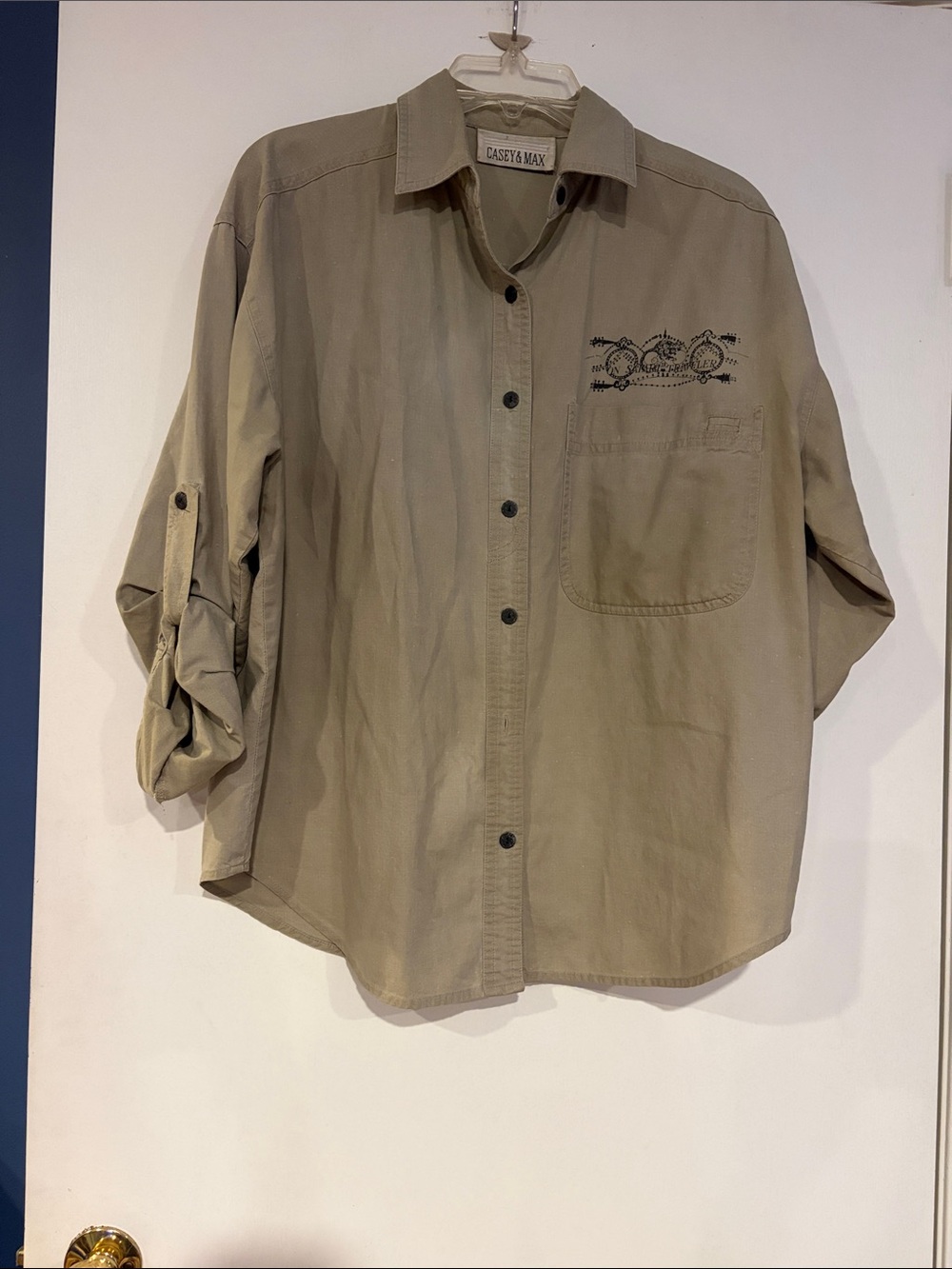 Vtg 90s Casey & Max Safari Jungle Giraffe Embroidered Button Up Shirt Khaki M